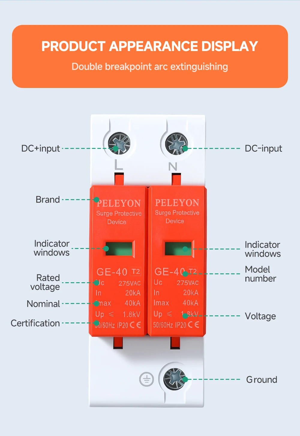 20KA~40KA 10KA~20KA 2P AC275V/AC385V Blitzschutzgerät Überspannungsschutz SPD Ableiter mit PE-Haussicherung für Elektrizität – Detail 5