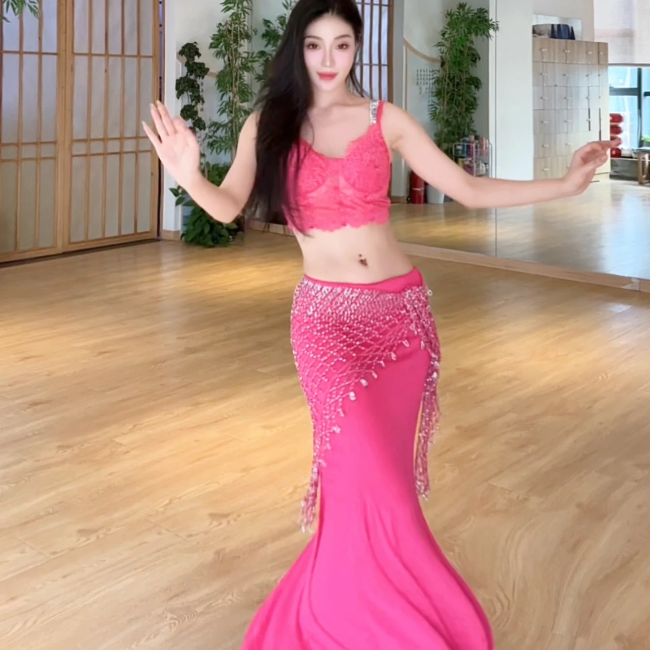 

Костюм для танца живота, женский сексуальный кружевной топ + длинная юбка «рыбий хвост», комплект для взрослых, танцевальный профессиональный тренировочный наряд