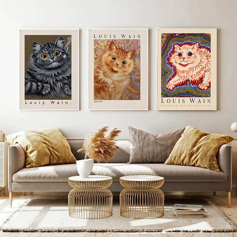 Louis Wain Ginger Kaleidoscope Cat Poster Retro Funny Animal Canvas Painting Wall Art for Kid's Room Dorm Home Decor Mural