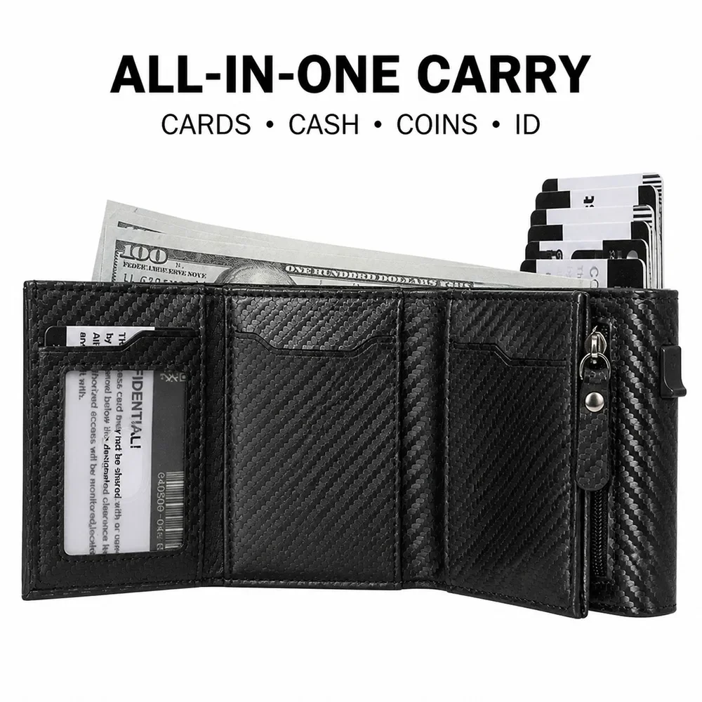 Men'S RFID Wallet Carbon Fiber Pattern PU Tri-Fold Card Case Quick Access Pop-Up Holder Zip Coin Pocket For Daily Carry 04