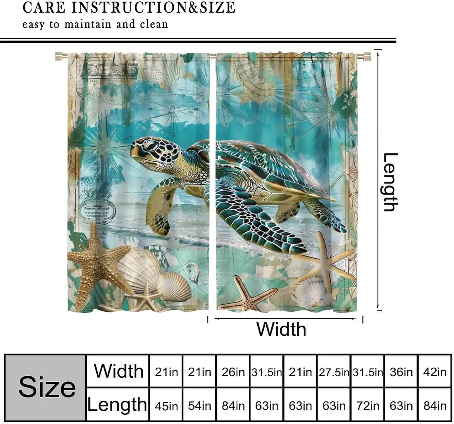 Vintage Sea Turtle Curtain Starfish Shell Ocean Map Teal Ink Print Coastal Bath Living Room Home Window Decor Drape.