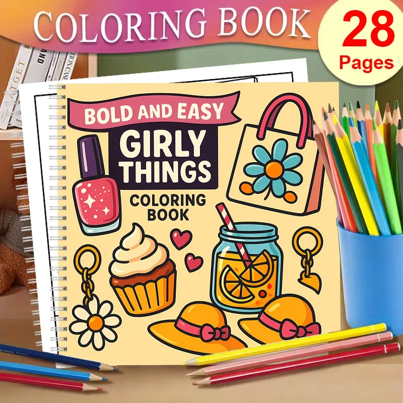 

Книга-раскраска Easy Girly Things для взрослых, подарок на день рождения, принадлежности для школы, милая книга для рисования для взрослых