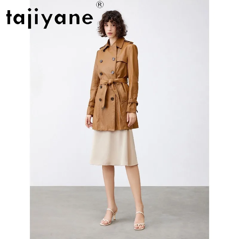 TAJIYANE Female Leather Jacket Bubble Sheepskin Outerwear Mid Length Genuine Leather Trench Coat Belted Jackets for Woman Casaco