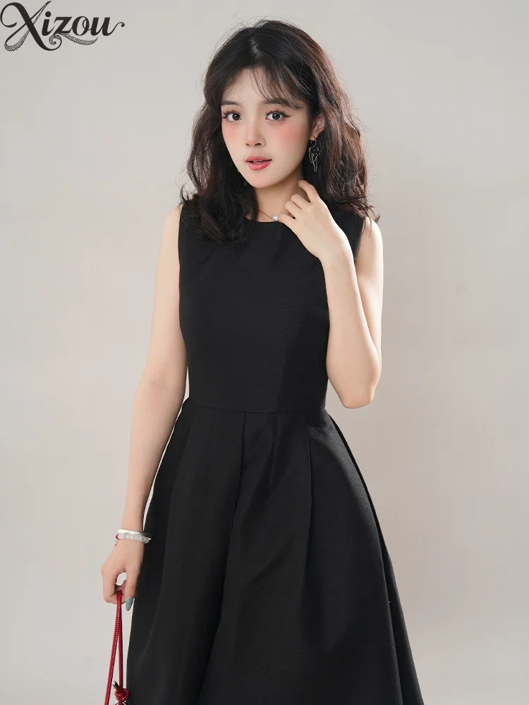 2025 verão feminino sem mangas cintura hepburn vestido francês a linha preto formal senhoras doce elegante festa coreano em torno do pescoço oferta