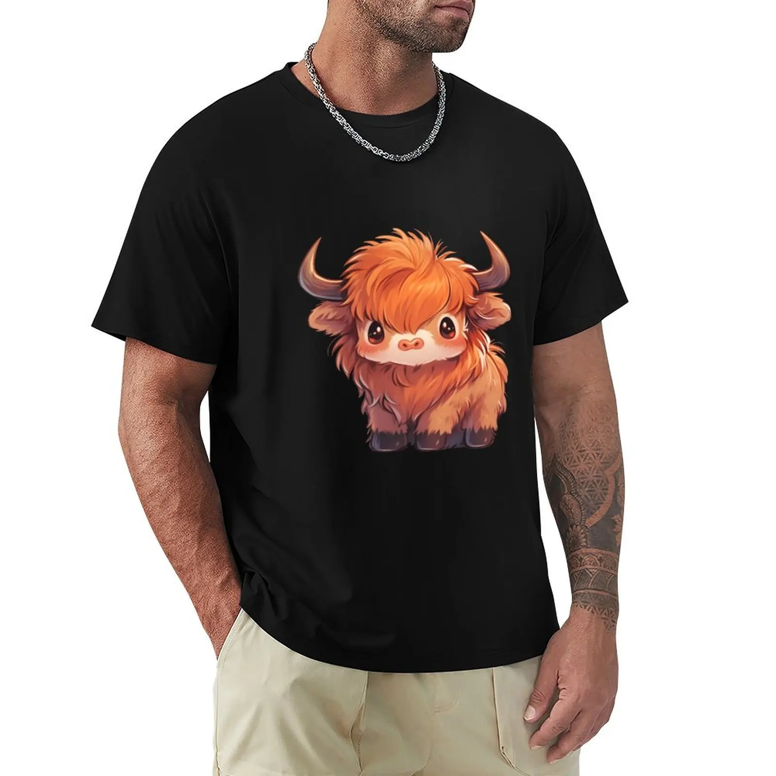 Cute Kawaii Scottish Hairy Baby Highland Cow T-Shirt Holiday Casual Short Sleeve Top