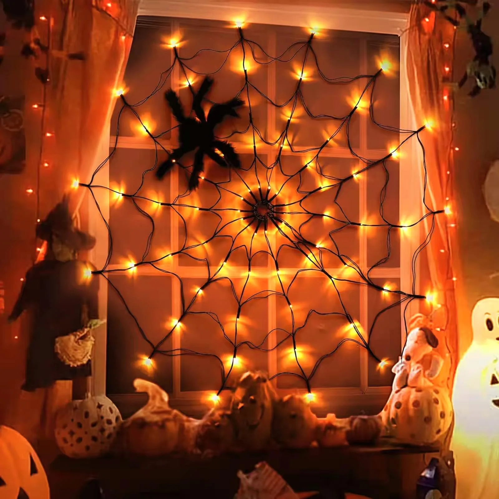 Halloween LED Spinnennetz Licht Dekoration Spinnennetz LED Lichterketten mit 8-Lampenmodus Spukhaus Indoor Outdoor Dekorationen