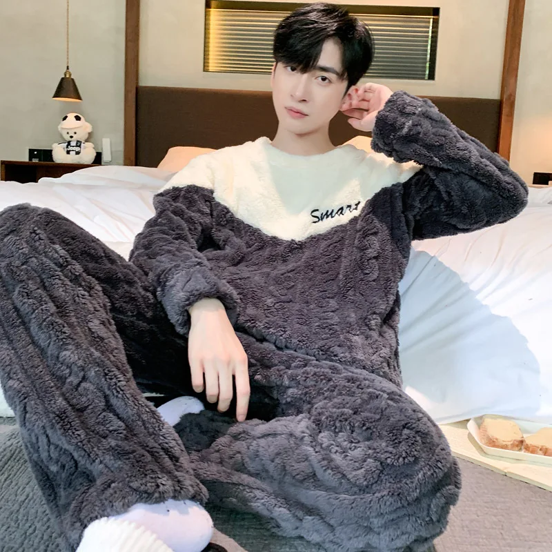 

Man Winter Clothing Pajamas Men Clothing Autumn Sportswear Youth Casual Wear Bath Clothes Flannel Y2K 2Pcs/set Homewear Thicken