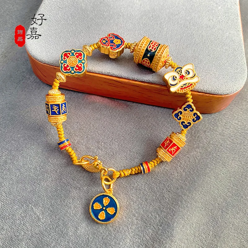 

Luxury 9999 24K real gold Chinese style burnt blue six-character mantra prayer drum bracelet high-end jewelry