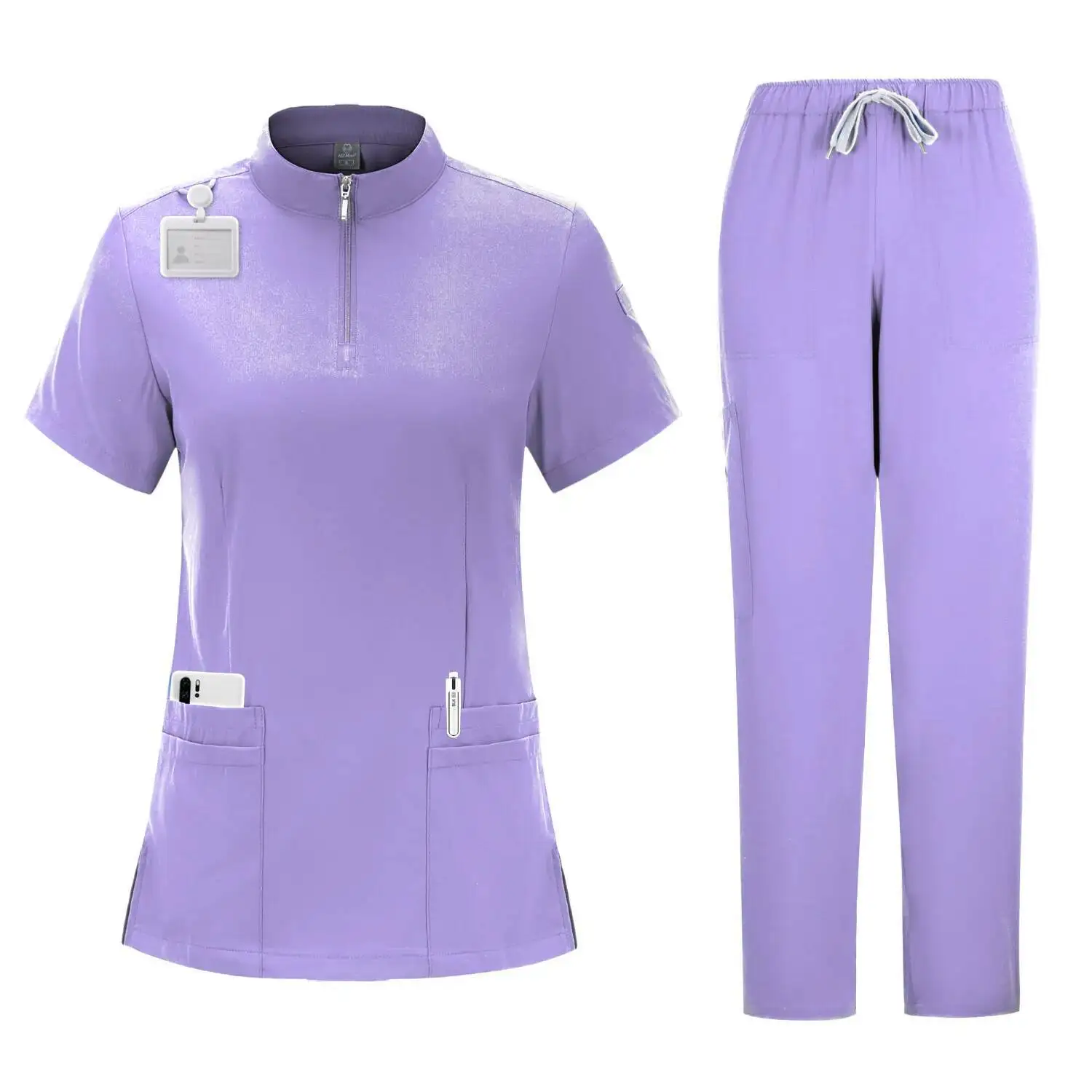 Women's 4-Pocket Zip-Neck Short Sleeve Scrub Top Nurse Uniforms Women Medical Nurses Accessories For Hospital Doctor Uniform