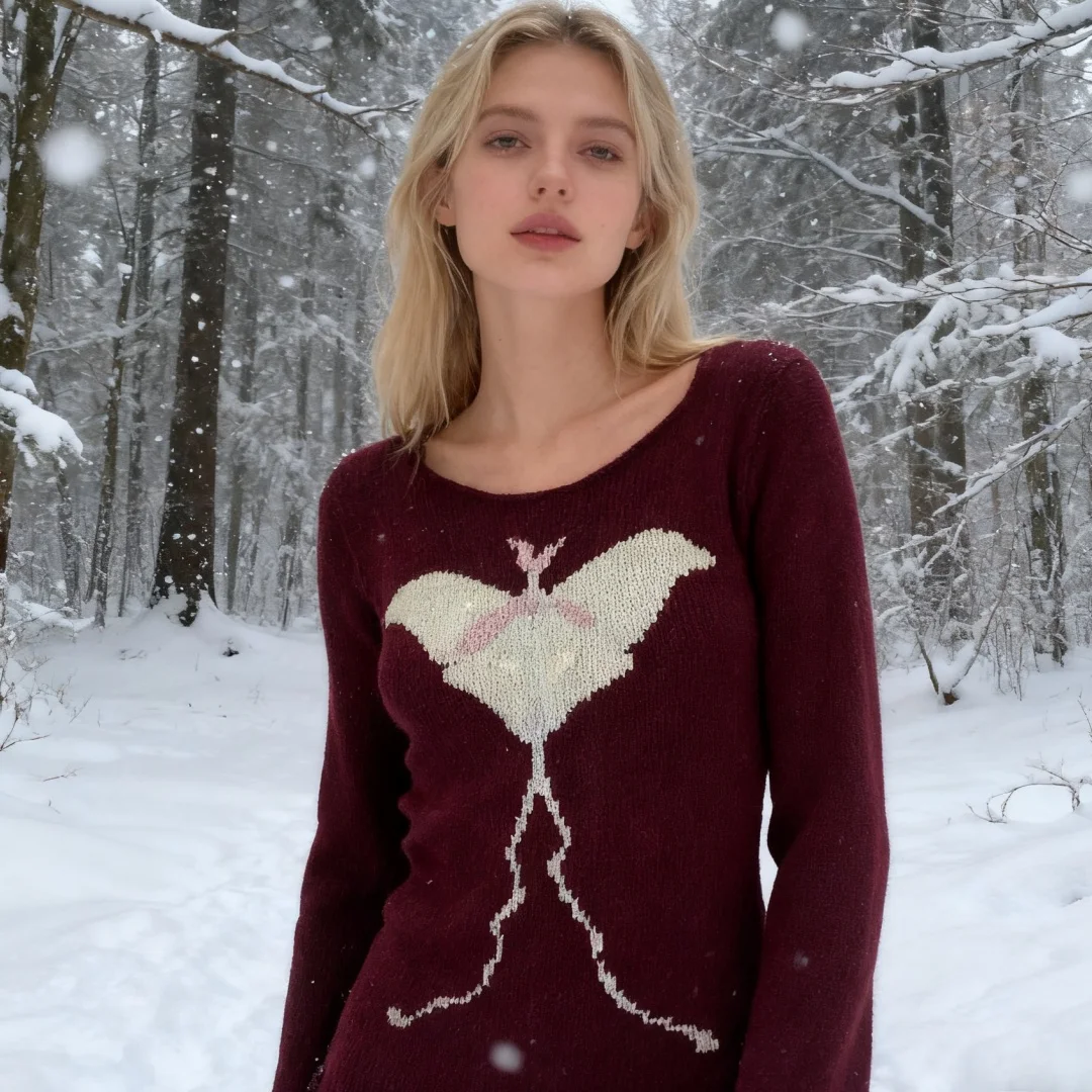 Burgundowy dopasowany sweter z dzianiny w europejsko-amerykańskim stylu z unikalnym wzorem motyla, modny dla kobiet.