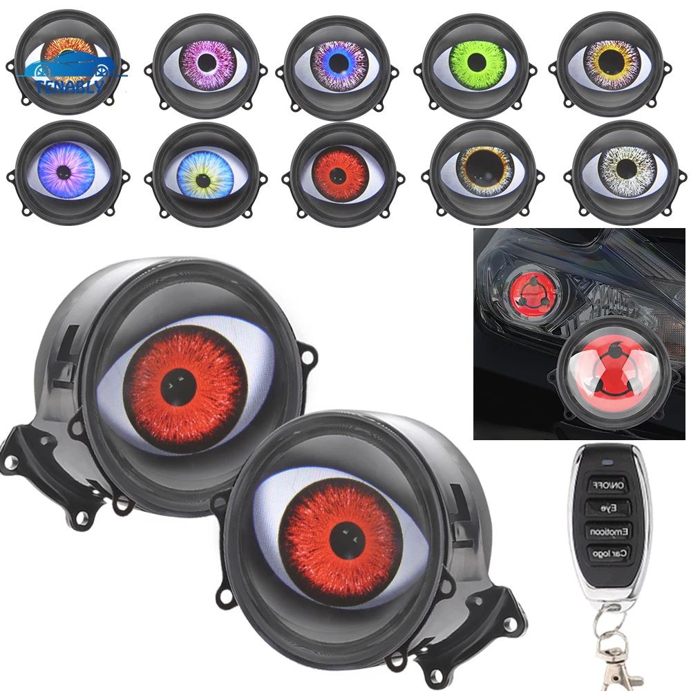 3D Lens Dynamic Car Evil Eyes with Remote Control 3Inch Demon Evil Eyes 33 Patterns LED Headlight Decoration Auto Accessories