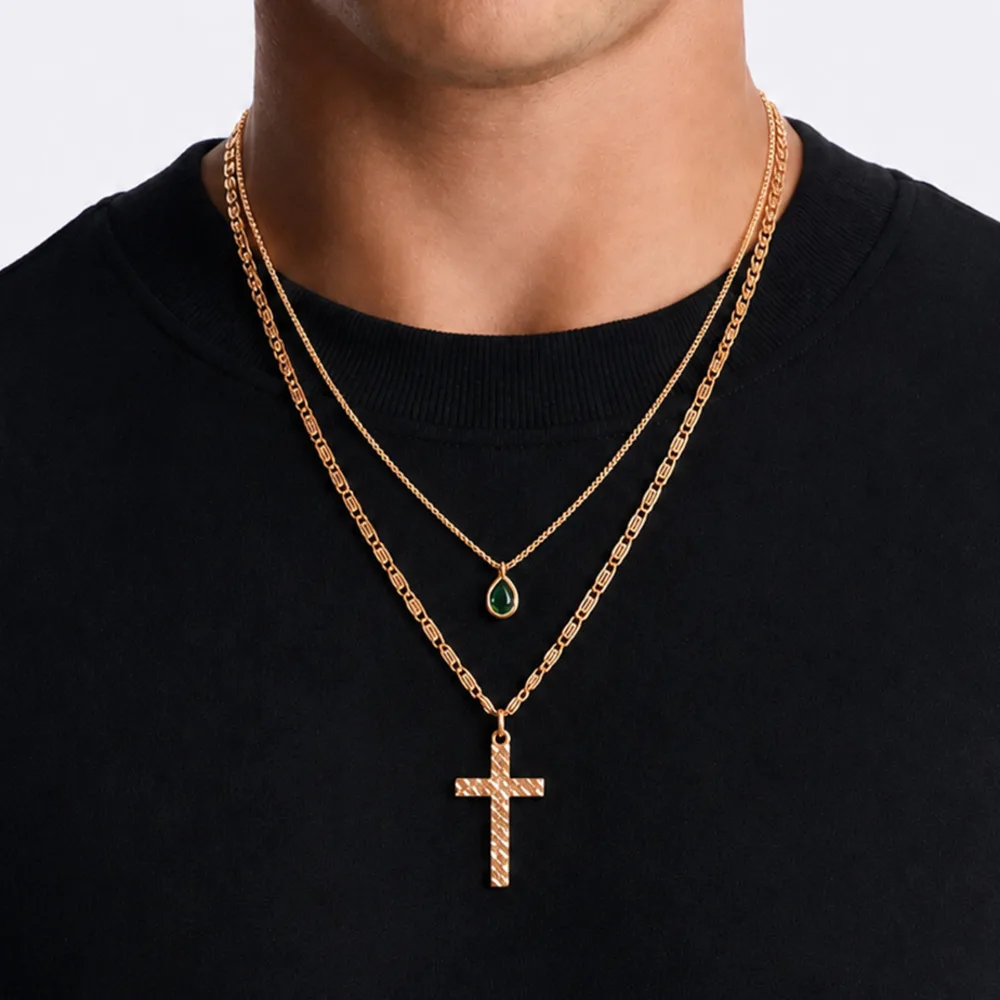 Ingemark 2 Pcs/set Retro Acrylic Rhinestone Metal Cross Pendant Necklace Men Trendy Adjustable Gold Color Choker Male Jewelry