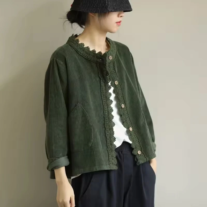 Large Loose Artistic Long Sleeved Round Neck for Spring, New Solid Color Corduroy Lace Lace Versatile Short