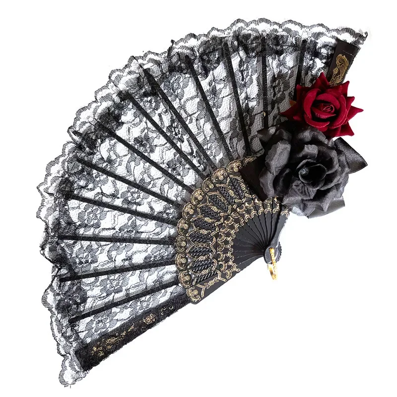 1PC Lolita Gothic Fan Victorian Female Lace Hand Fan Vintage Black White Red Rose Bamboo Fans Cosplay Halloween Party Supplies