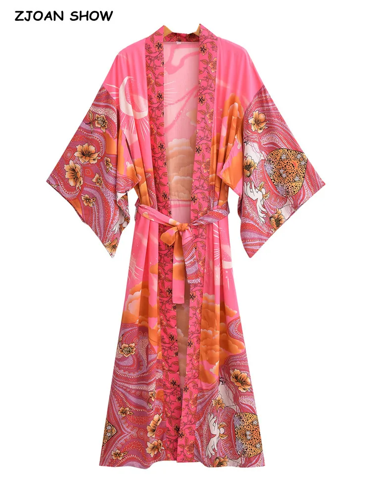 

BOHO V neck Moon Flower Print Long Kimono Robe Shirt Ethnic Lacing up Bow Sashes Midi Cardigan Loose Blouse Beach Cape femme