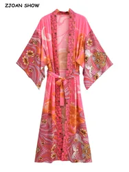 BOHO V neck Moon Flower Print Long Kimono Robe Shirt Ethnic Lacing up Bow Sashes Midi Cardigan Loose Blouse Beach Cape femme