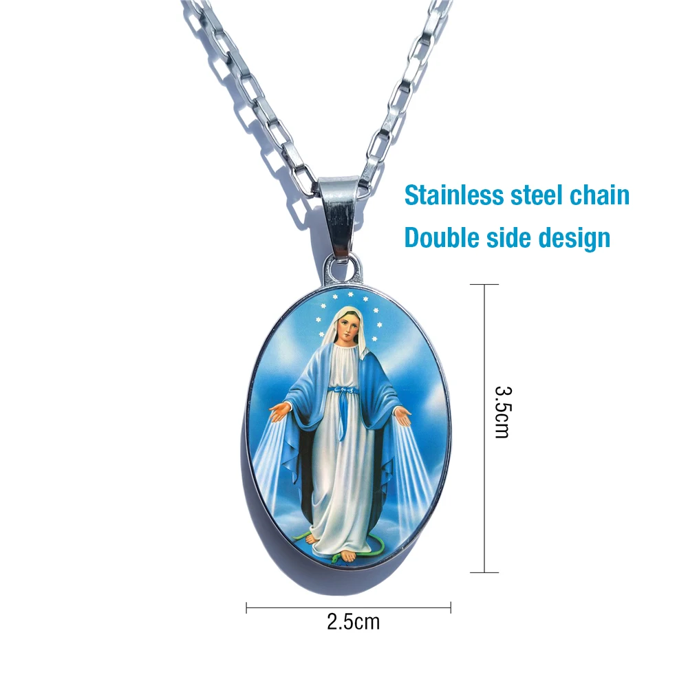 Jesus Maria Double Side Stainless Steel Chain Necklace for Christian Faith Bible Family Christmas Pendant Christ Gift Wholesale