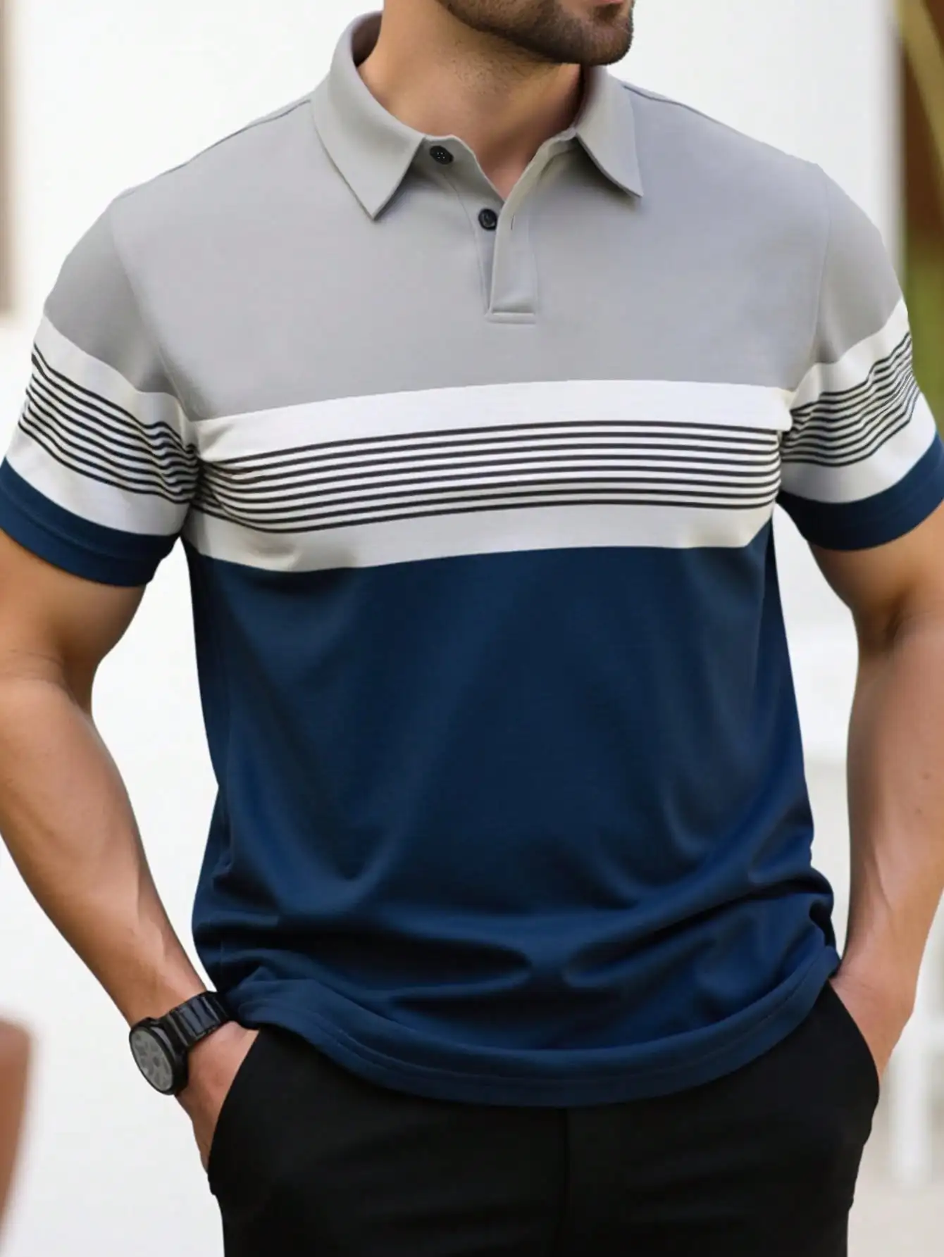 

Men's Colorblock Striped Short Sleeve Casual Polo Shirt