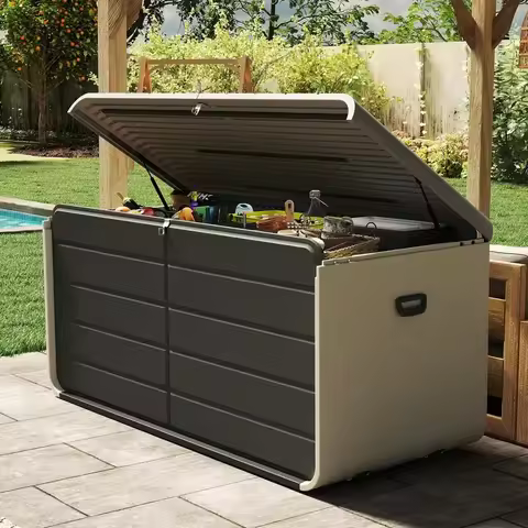 200 Gallon Resin Deck Box, Waterproof amp UVResistant Outdoor Large Storage Box Lockable Storage Bin for Patio Cushions Pool Su