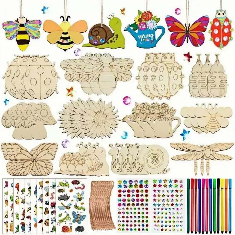 

36 шт. DIY деревянный набор для рисования, пустая раскраска, деревянные трафареты с растениями и насекомыми, сувениры для вечеринок, живопись, активность, рождение