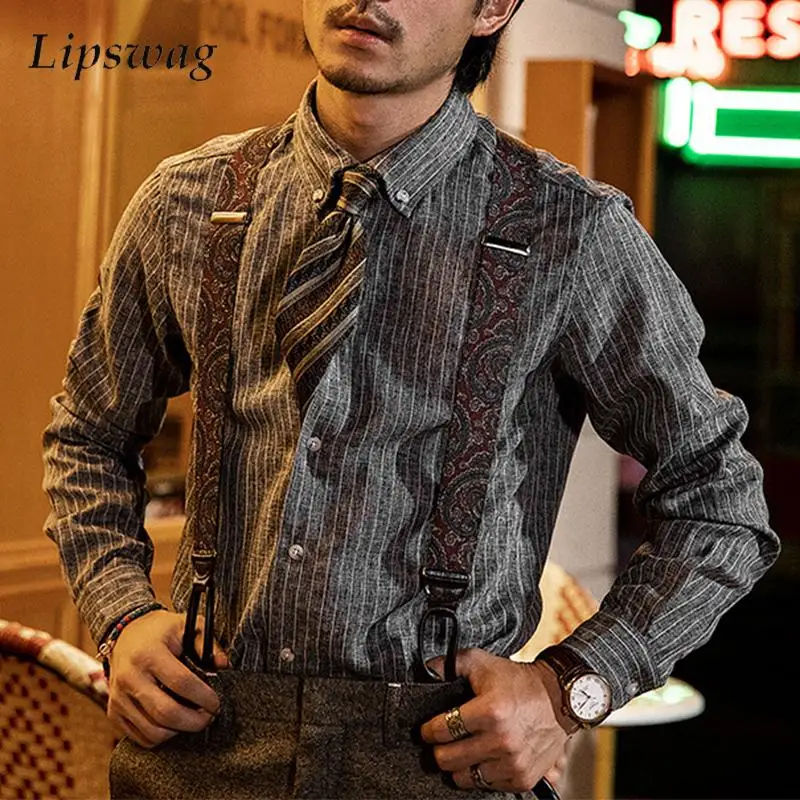 

Long Sleeve Striped Shirts Mens Retro Turn-down Collar Button-up Shirt Spring Summer Stylish Men Slim Cardigan Tops