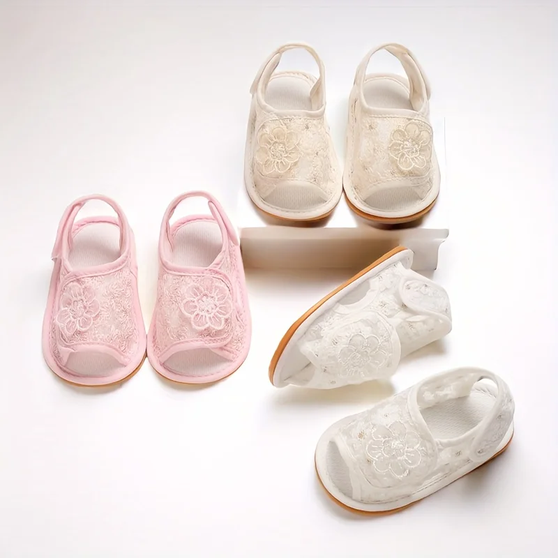 Lace Flower Embroidered Open-toe Sandals, Soft Sole Breathable Footwear, Baby Learning Walk Shoes for Infants 0-18M