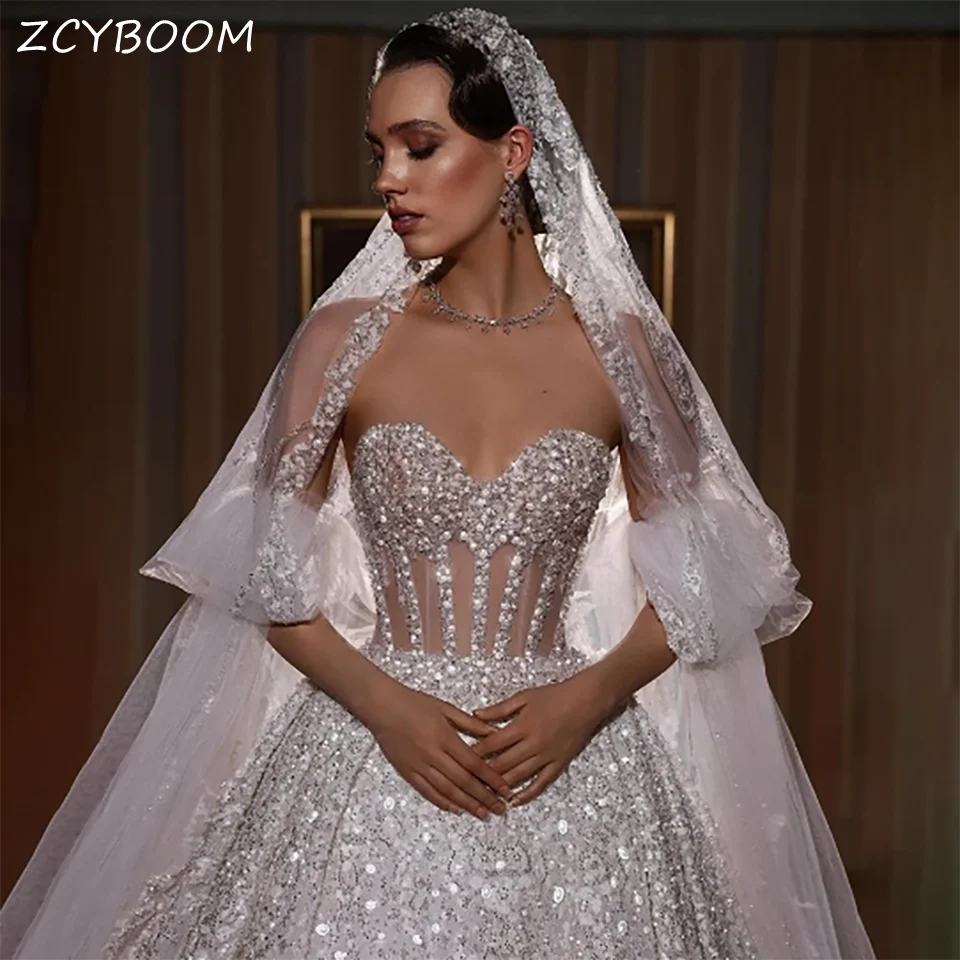 Vestido De Novia personalizado con cuentas De cristal brillante, ilusión sin tirantes con cola De corte, Vestidos De Novia De tul 2024