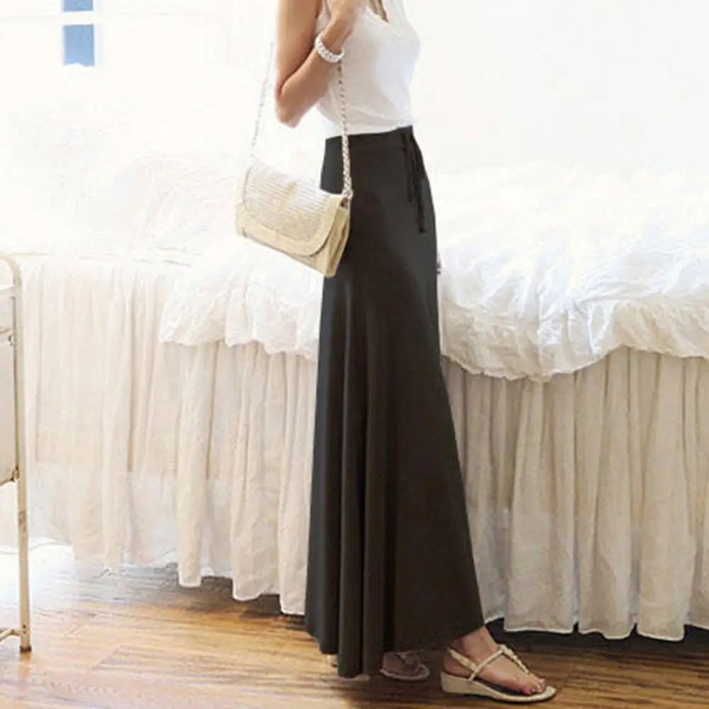 

Solid Color A-line Skirt Elegant Women's Maxi Skirt with Adjustable Drawstring Side Slit High Waist A-line Skirt for Stylish