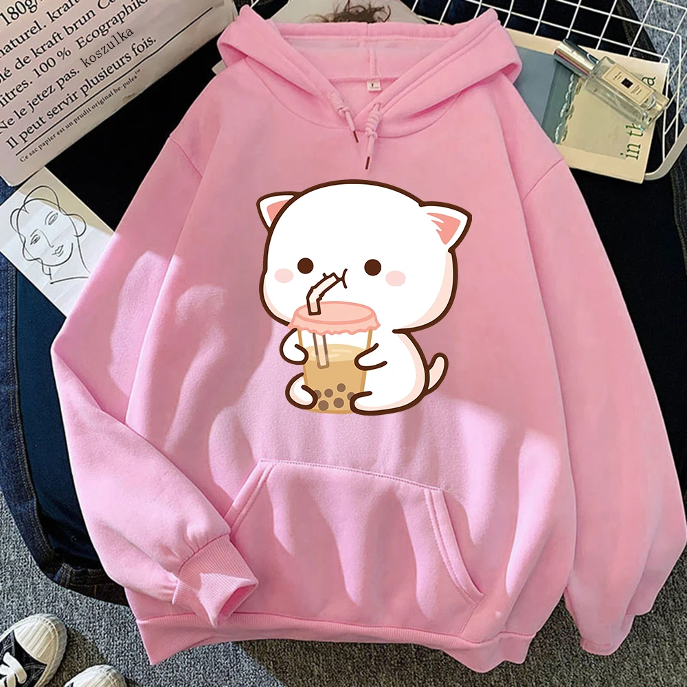 Women\'s Hoodies Peach And Rubber Harajuku Kawaii Sweatshirt Cat Drink Milk Tea Autumn Winter Plus Size Pullover Unisex Clothes