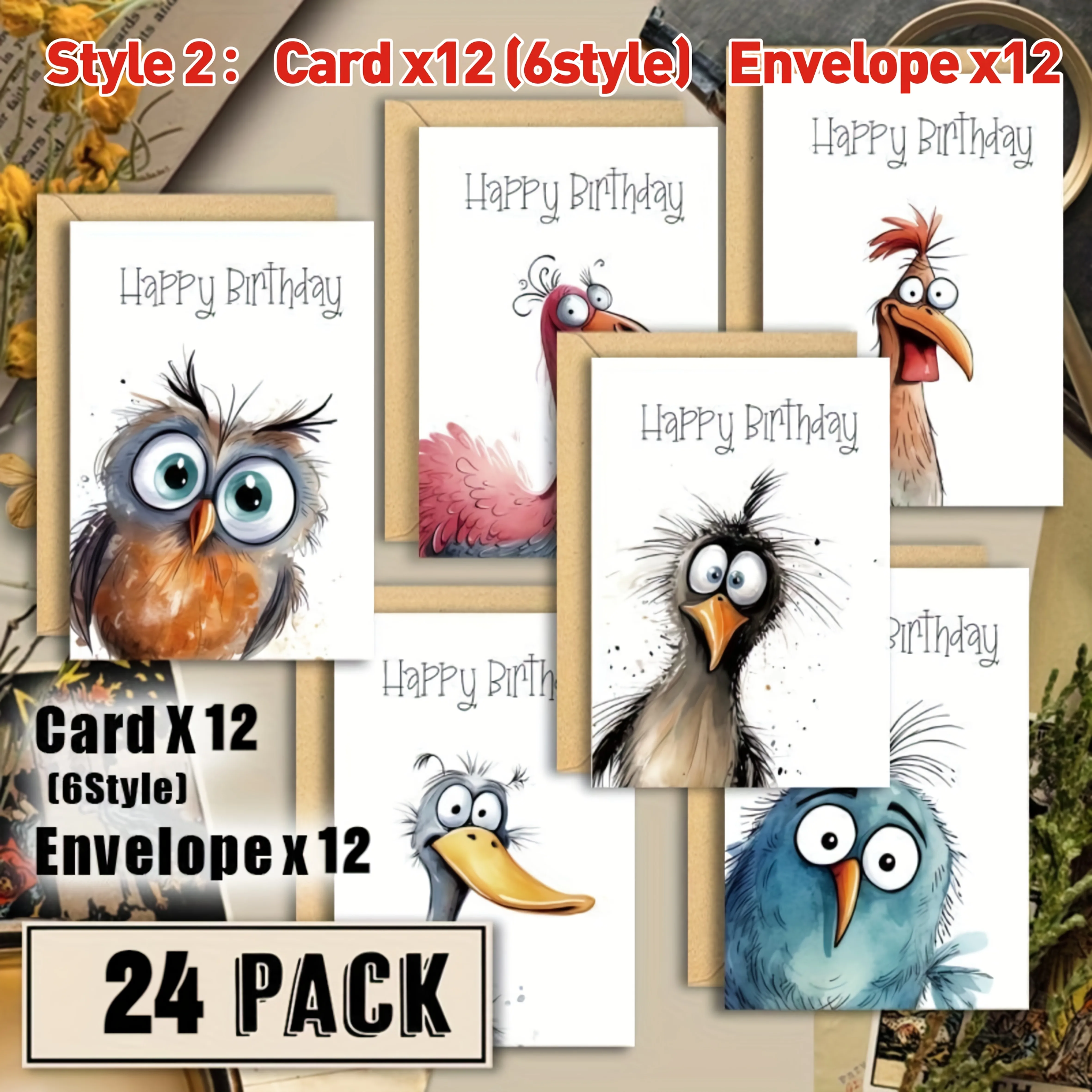 12/24pcs Funny Bird Illustration Birthday Card Set with Envelopes, Blank Note Cards for Family, and Colleagues, Wholesale Pack - view 6