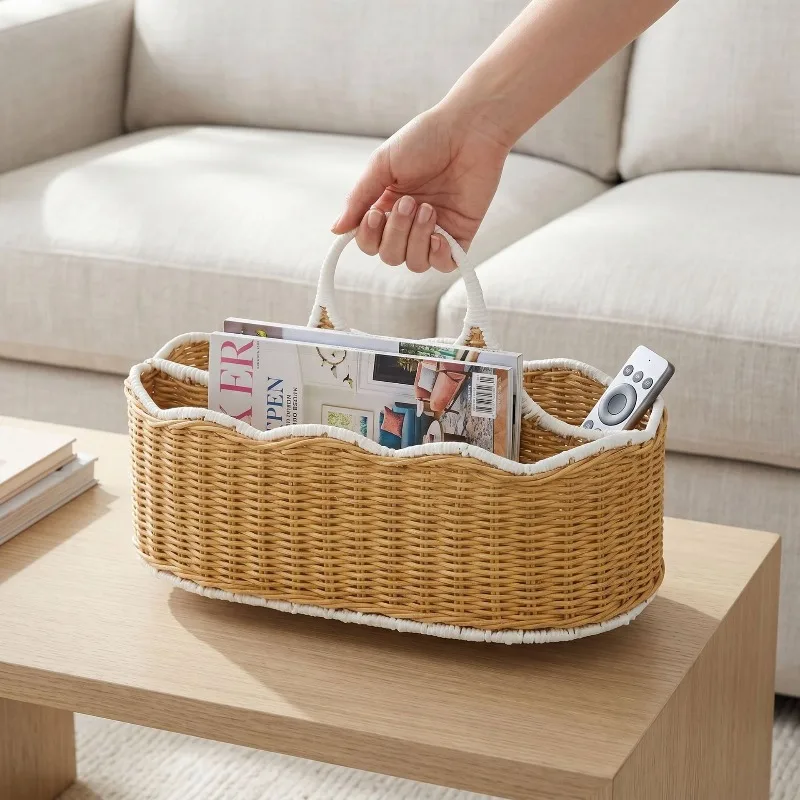 Mixed Color PP Rattan Storage Basket With Handle Wear Resistant Wavy Edge Multi Compartment Sundries Organizer Basket