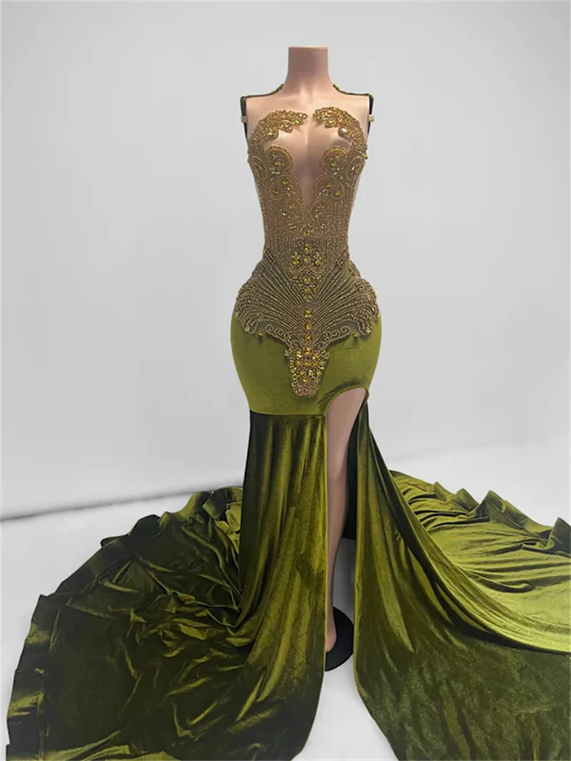 Vestido de noche de terciopelo con corte alto y cuentas de diamantes de imitación, traje Sexy de sirena hecho a medida, 14 colores, para fiesta de graduación