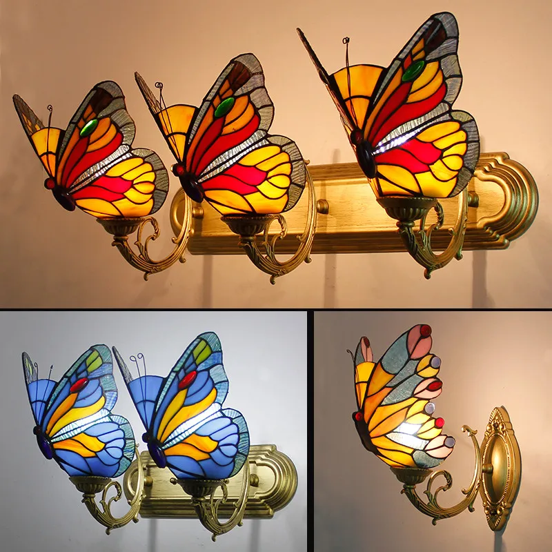 

Tiffany Butterfly Wall Lamps Stained Glass Indoor Asile Stair Wall Mounted Sconce Bedside Bedroom Retro Decor LED Wall Light