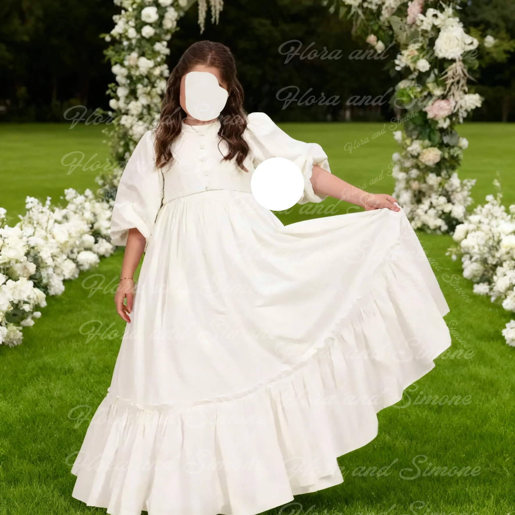 فستان فتاة الزهور الأبيض المخصص بنصف كم لحفلات الزفاف مزين بالدانتيل ومهرجان أطفال وأعياد الميلاد الأولى