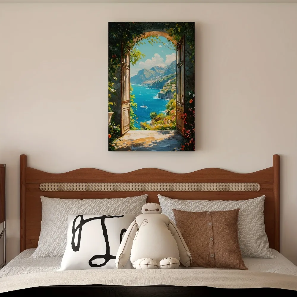 

Interior decorative art, mural walls and home decor - depicting an open window overlooking the sea and mountains