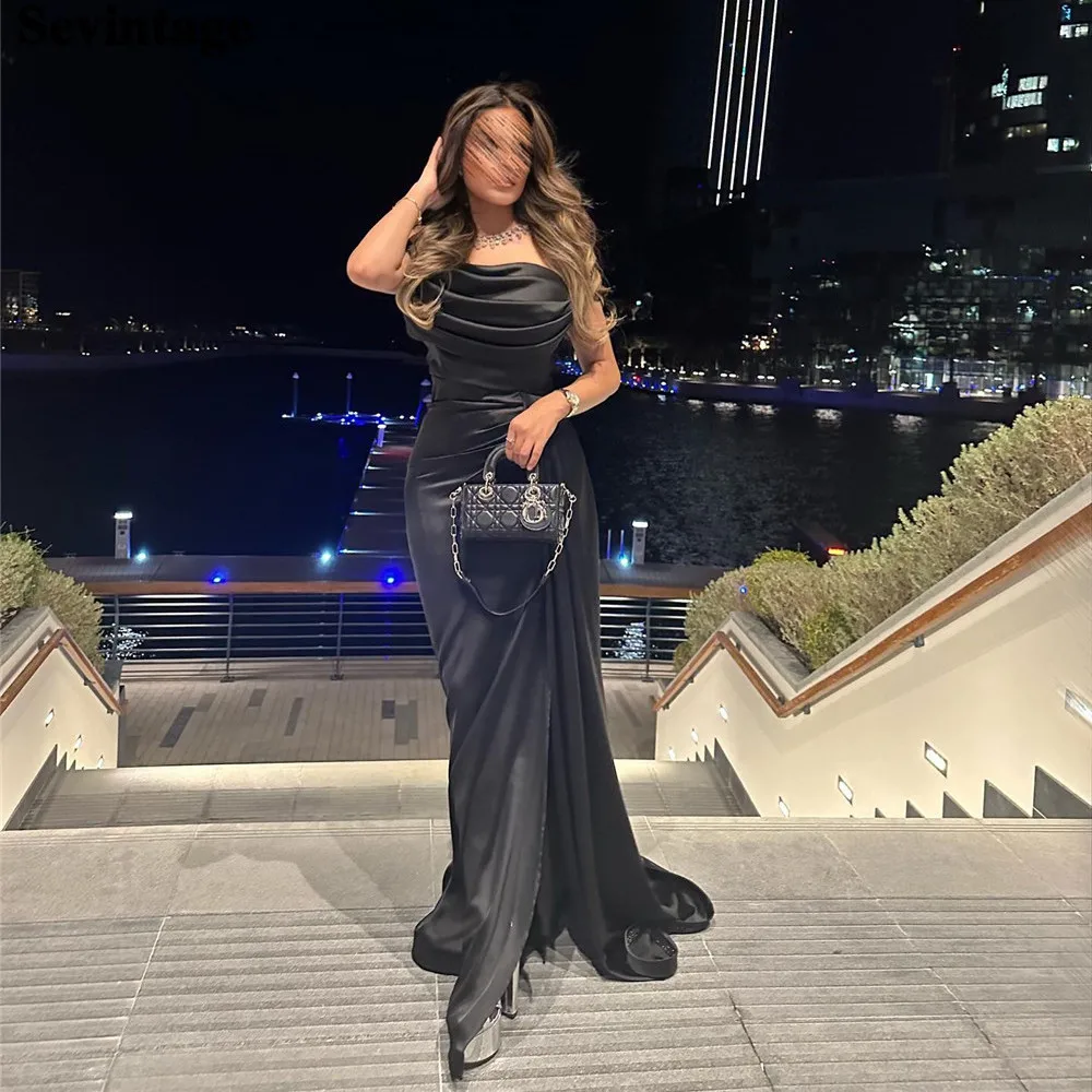 

Sevintage Modest Black Arabia Dresses Mermaid Strapless Pleat Ruched MId Slit Evening Dresses vestidos para eventos especiales