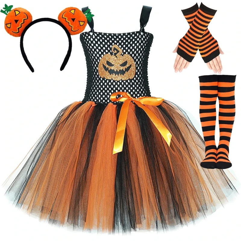 

Orange Black Pumpkin Costumes for Girls Carnival Party Outfit with Hair Bow Gloves Stocking for Kids Halloween Disguise Dresses