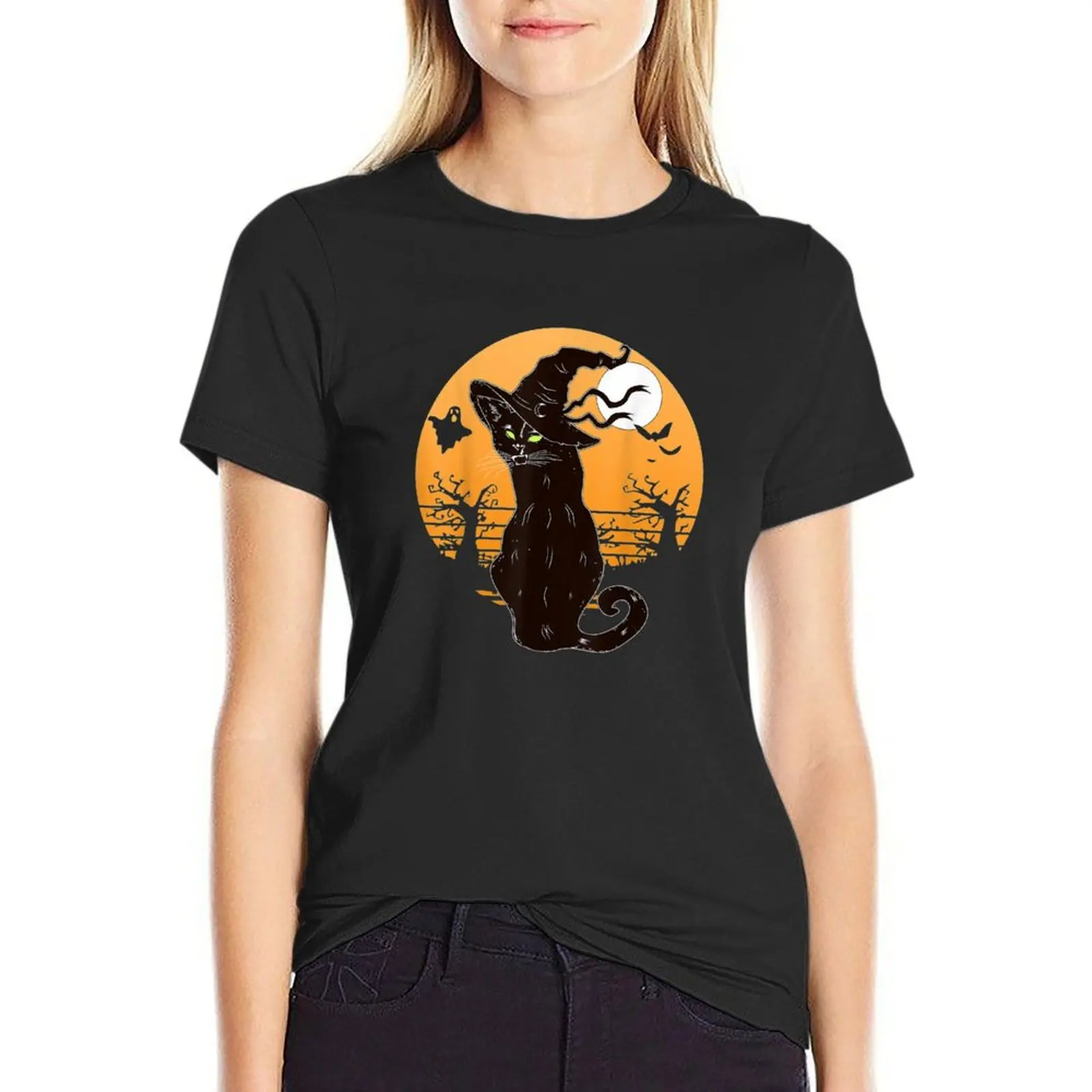 

Retro Halloween Black Cat Gift T-Shirt customs quick-drying cute clothes Women's tee shirt