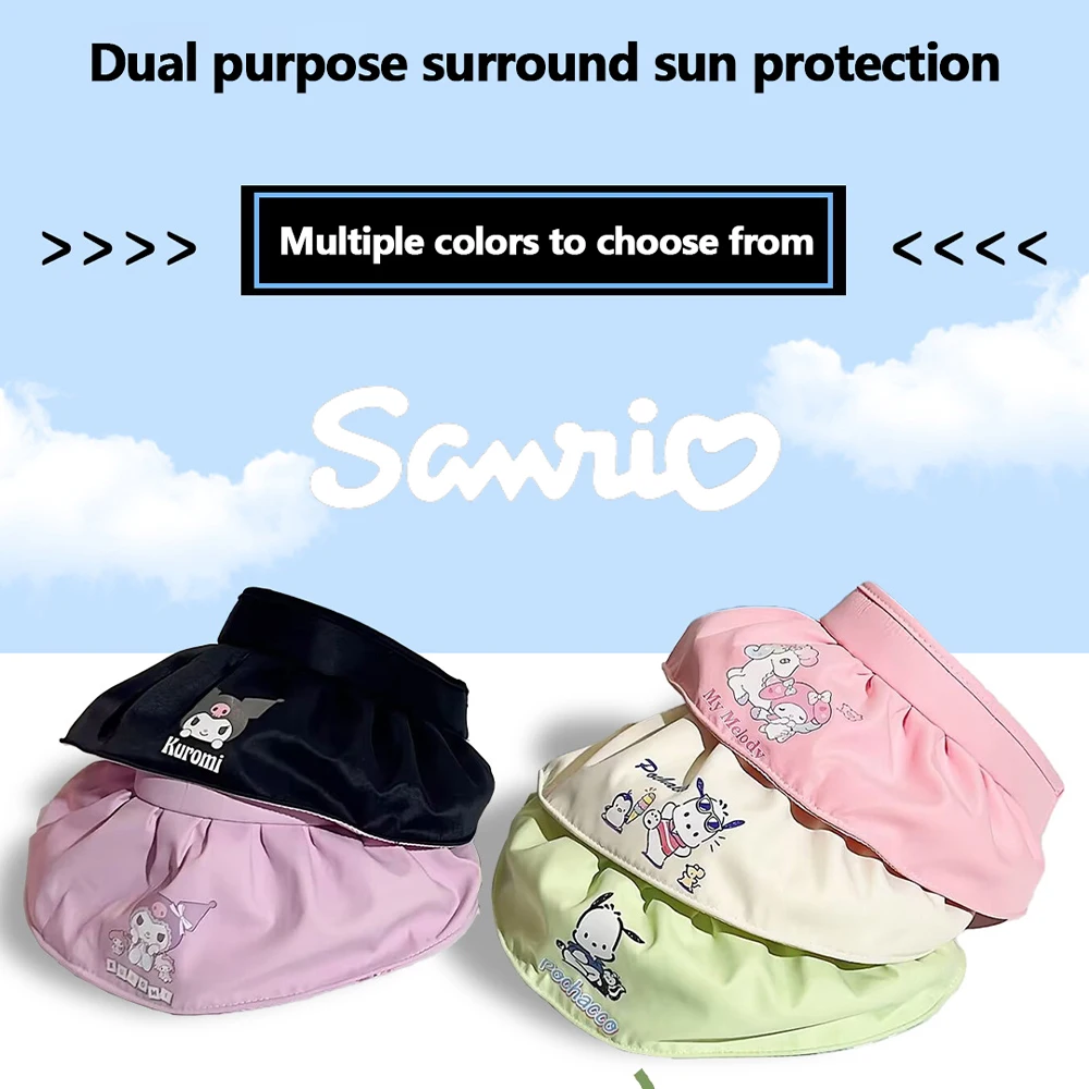 Sanrio Kuromi Summer Empty Top Wide Brim Sun Hat For Anime  Anti UV Sunscreen Bucket Hat Female Sun Protection Outdoor Beach Cap