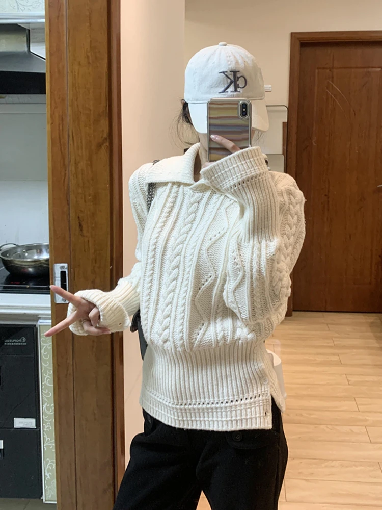 

Korean Sle Women's Knitted Sweater Winter New Flip Collar Twist Flower Design Casual Wear Warm Fing Long Sve Top