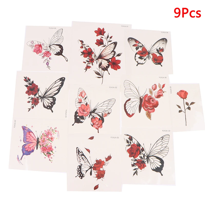 9 Sheets Butterfly Rose Waterproof Temporary Tattoo Stickers Arm Ankle Female Fake Tattoo Collarbone Flower Art Tattoo