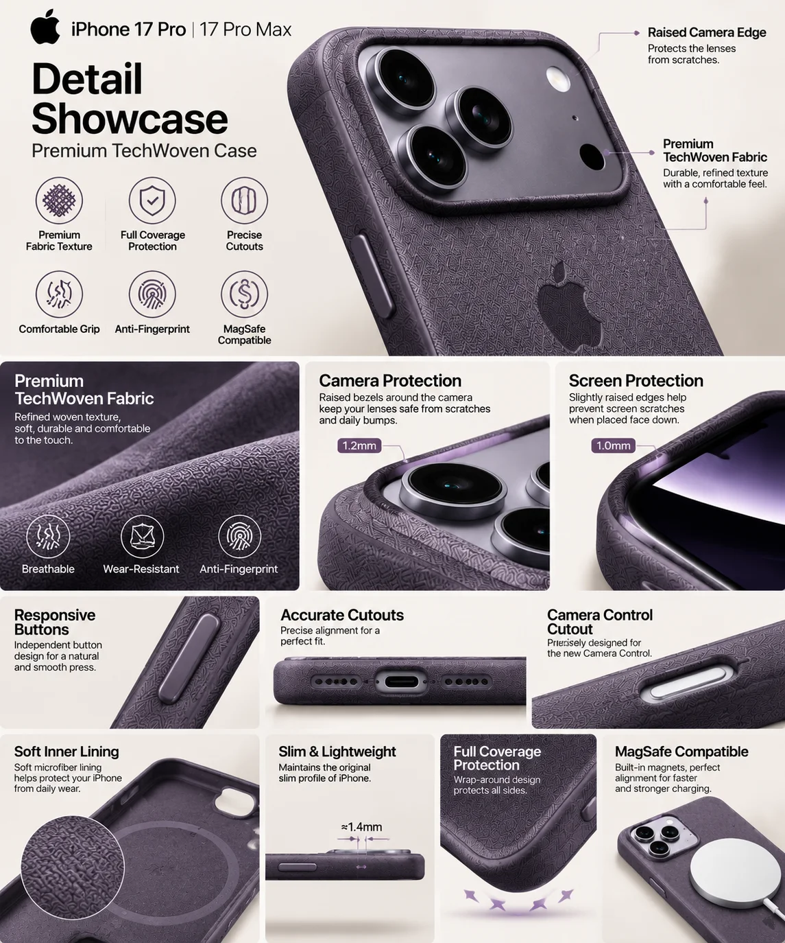 Etui TechWoven z funkcją MagSafe do iPhone 17 Pro Max, umożliwiające sterowanie aparatem, bezprzewodowe ładowanie i ochronę przed upadkami. — zdjęcie produktu 3