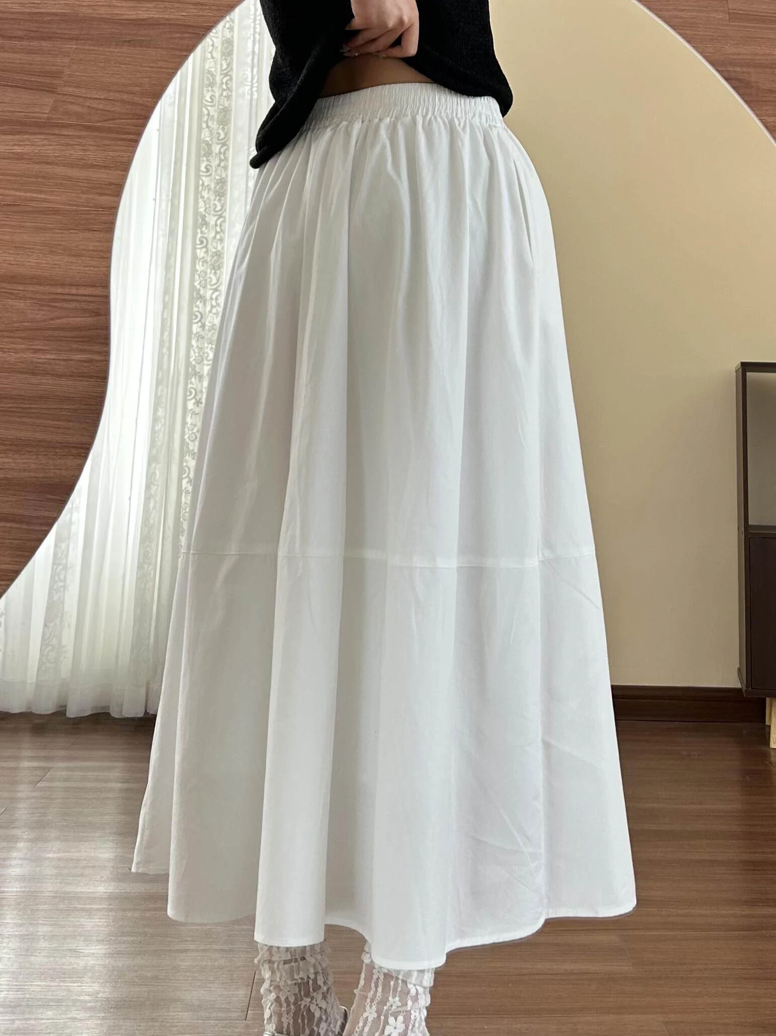 

Faionable Large Size A-Line Midi Skirt Spring Season High Waist Dra Slimming Korean Sle Casual Wear ape