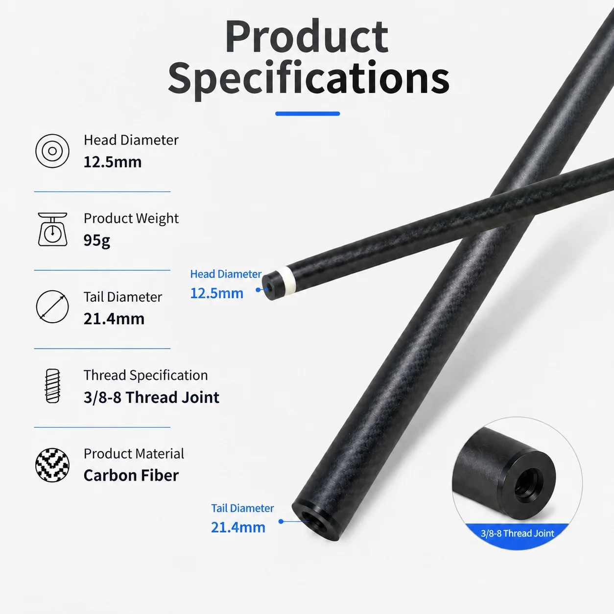 12.5mm Leather Tip Carbon Fiber Pool Cue Shaft Pro Taper Low Deflection Replacement for 9-Ball Chinese 8-Ball Snooker Billiards