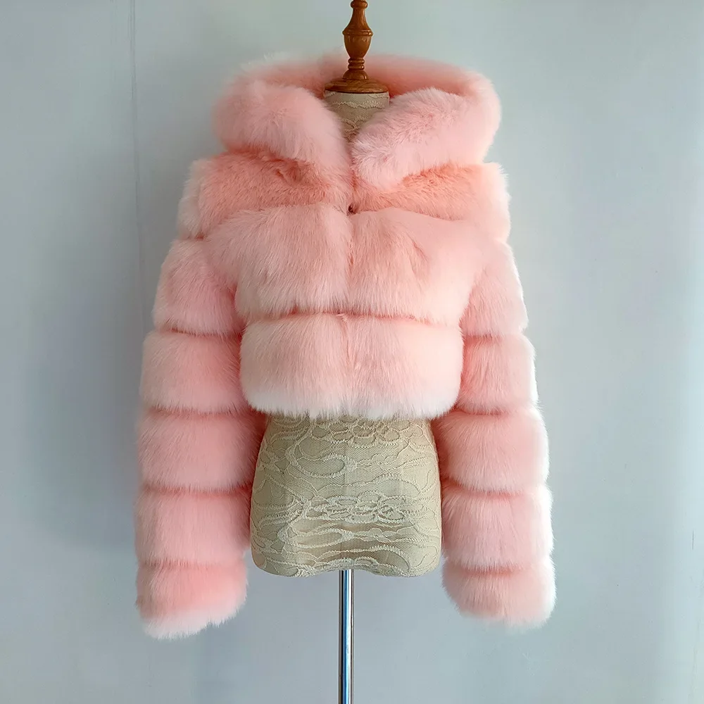 High Quality Furry Cropped Faux Fur Coats and Jackets Women Fluffy Top Coat with Hooded Winter Fur Jacket manteau femme