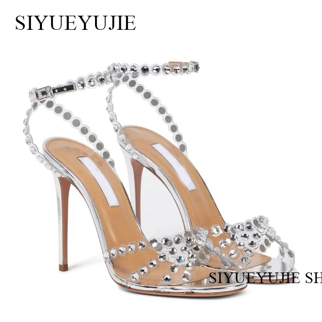 Red Rhinestone Luxury Sandals Round Toe Thin High Heels Open Toe Buckle Strap Sandals Hottest Fashion Sexy Summer Women Shoes