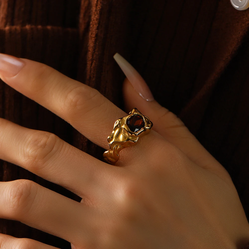 Lava-Textur-Ring für Frauen Edelstahl Zerknitterter Edelstein Hip-Hop Streetwear Schmuck Geschenk für Frauen – Detail 6