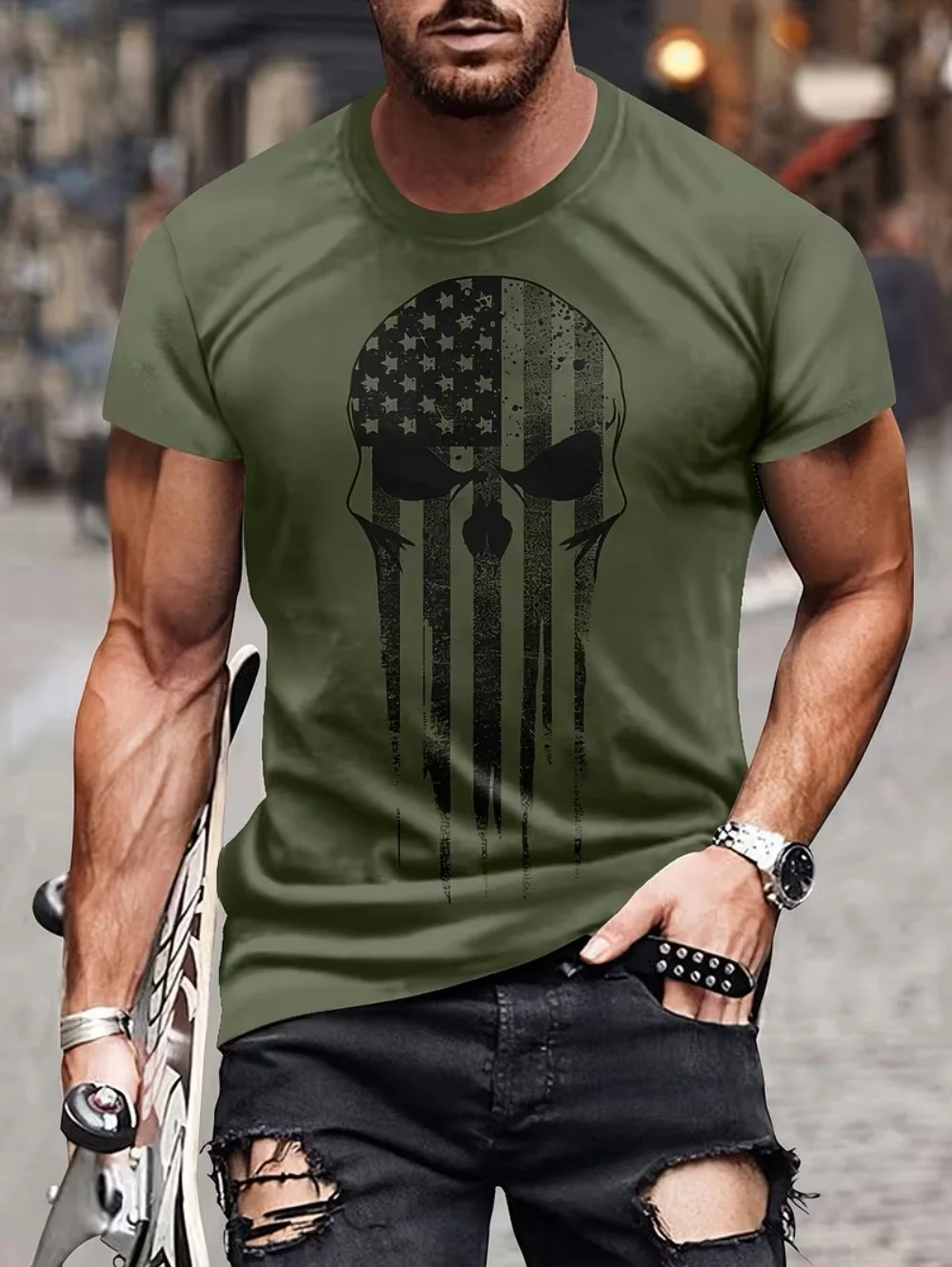 Männliche T-Shirts Retro Skelett Muster Kleidung für Mann Neue Designs Mode Punk T-Shirt Harajuku Kurzarm Coole Straße Y2k Tops – Detail 3