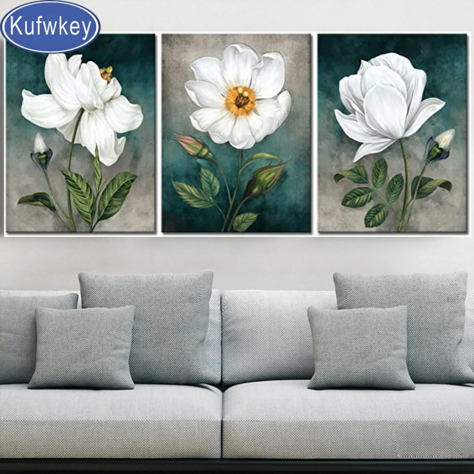 Triptych Full Diamond Mosaic Wihte Flower,5D,New Diamond Painting Peony,Stitch Cross,3D,Embroidery,home,art,rhinestone Pictures