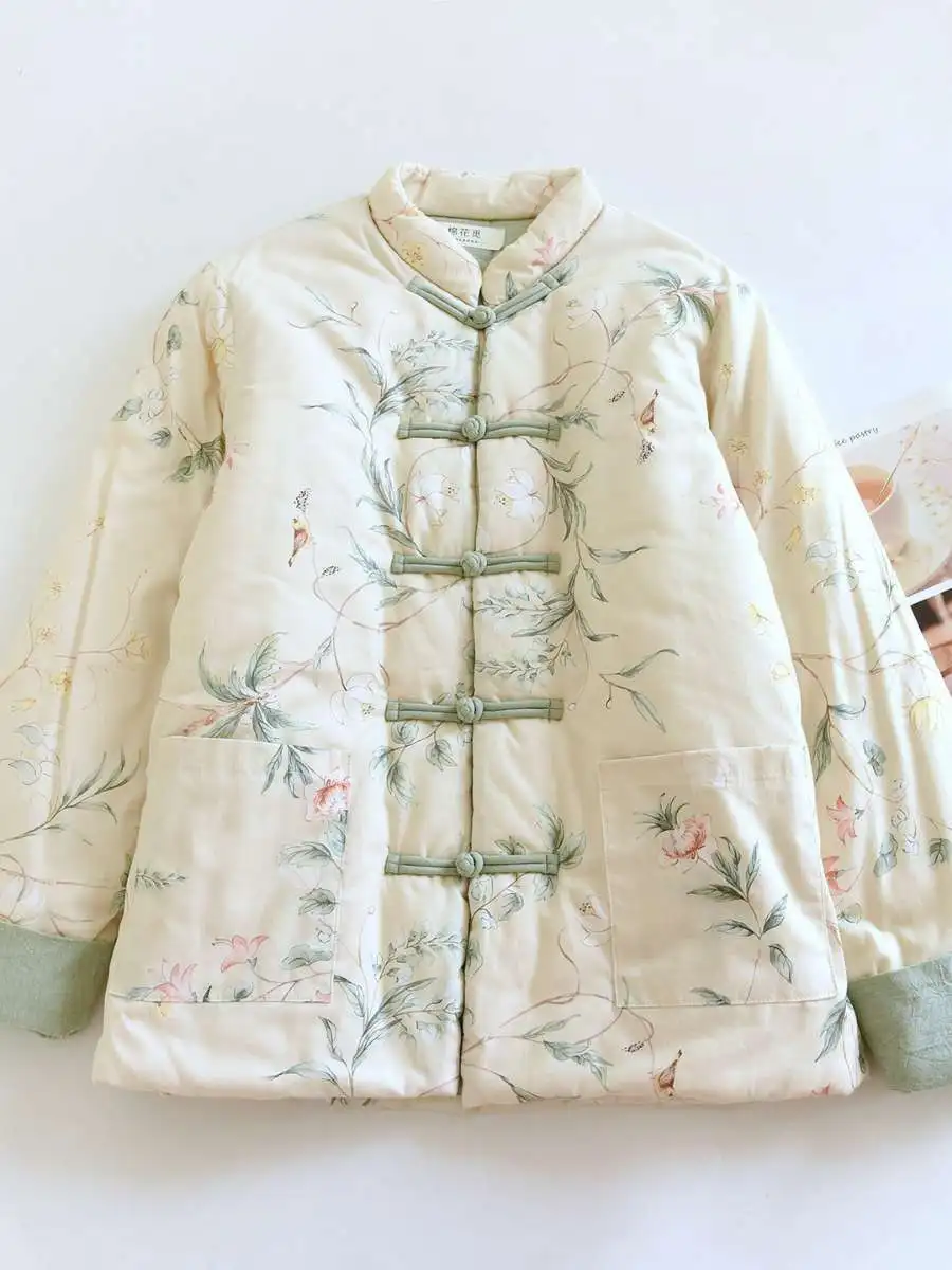 

Хлопковое пальто Thiened с цветочным принтом, свободного кроя, теплая зимняя верхняя одежда, ретро-пальто на пуговицах, длинное, женское, модное